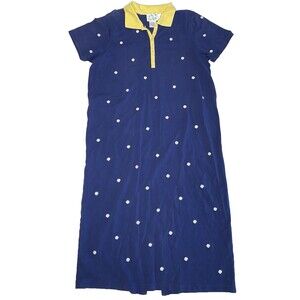 Quacker Factory Embroidered Daisy Flower Blue Polo Pullover Long Maxi Dress XL